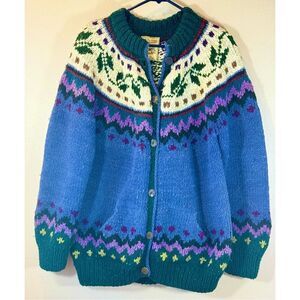 Vintage Woolies Oversized Colorful 100% Wool Knitted Cardigan Women's Large